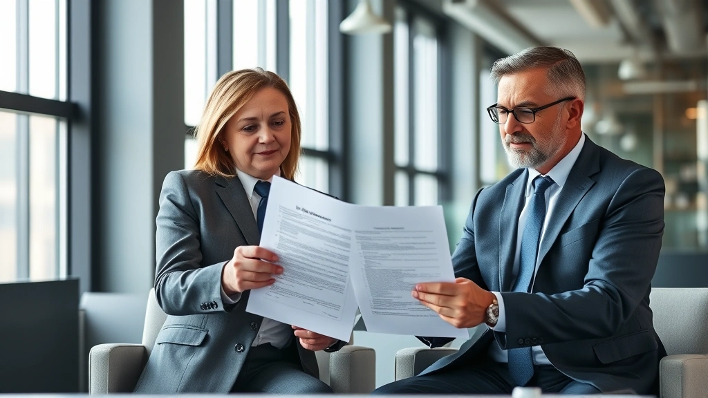 Professional insurance agent in business suit reviewing life insurance documents with middle-aged client in modern office setting, natural lighting, corporate environment