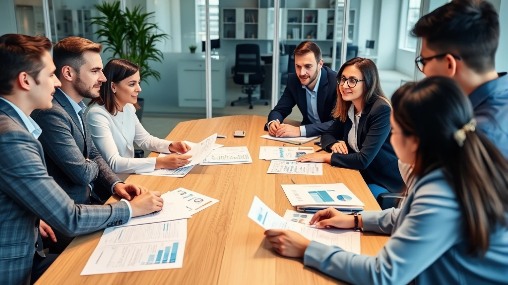 Diverse team of insurance professionals in modern office space collaborating at conference table with financial reports and analysis materials