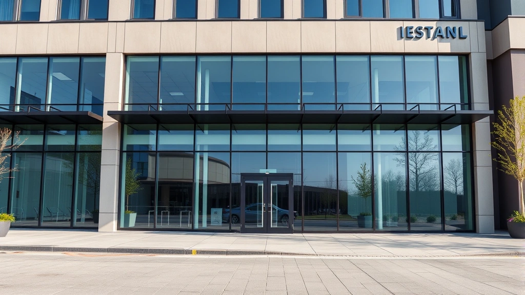 Contemporary corporate office building exterior with glass windows and professional entrance, daytime photography with clear sky, modern architecture