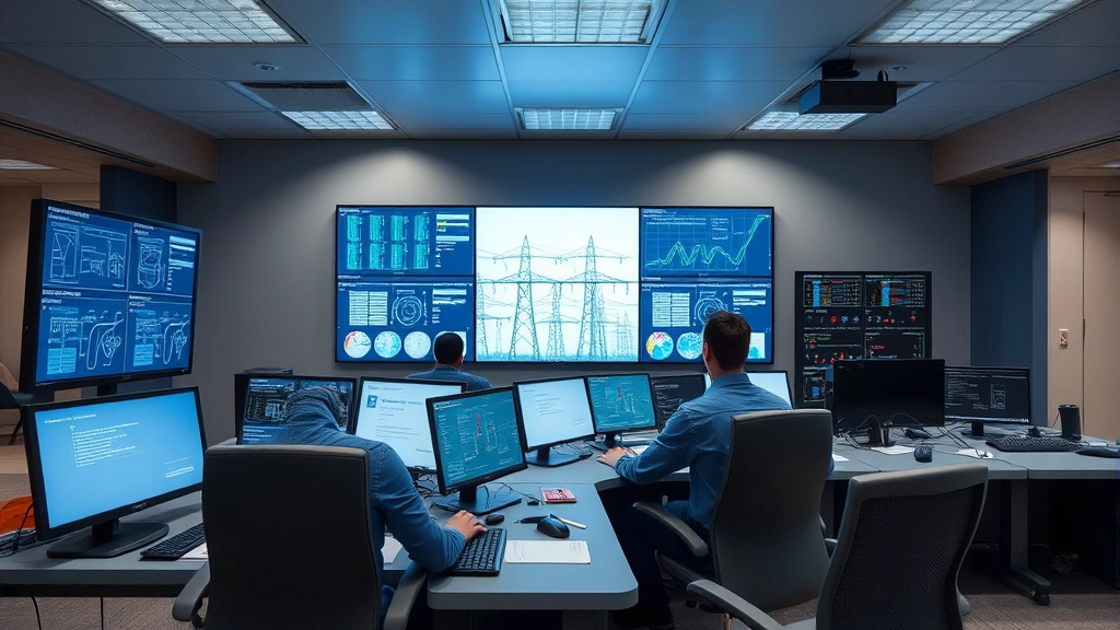 Professional utility infrastructure control room with operators monitoring electrical grid systems on multiple digital displays, modern SCADA equipment, clean corporate environment with blue and gray tones