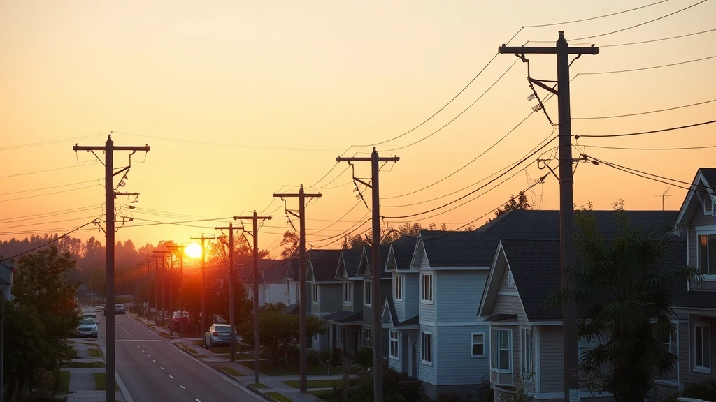 Residential neighborhood with modern utility poles and power lines at sunset, suburban homes with proper electrical infrastructure, clear sky, professional utility maintenance aesthetic