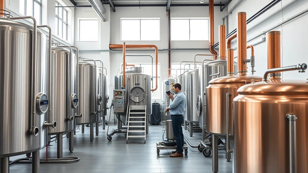 Modern craft brewery production facility with stainless steel fermentation tanks, copper brewing kettles, and professional equipment arranged in clean industrial space, bright natural lighting from large windows, professional brewmaster in work attire inspecting equipment