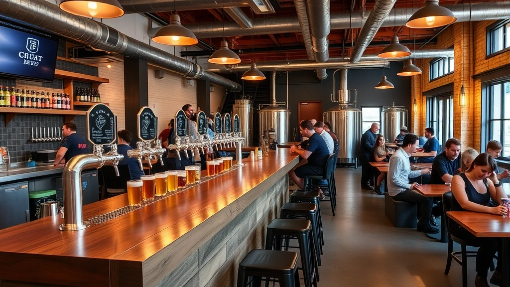 Contemporary brewery taproom interior with wooden bar counter, craft beer taps, industrial-modern design aesthetic, customers enjoying beverages in relaxed atmosphere, warm ambient lighting, comfortable seating areas, professional and welcoming environment