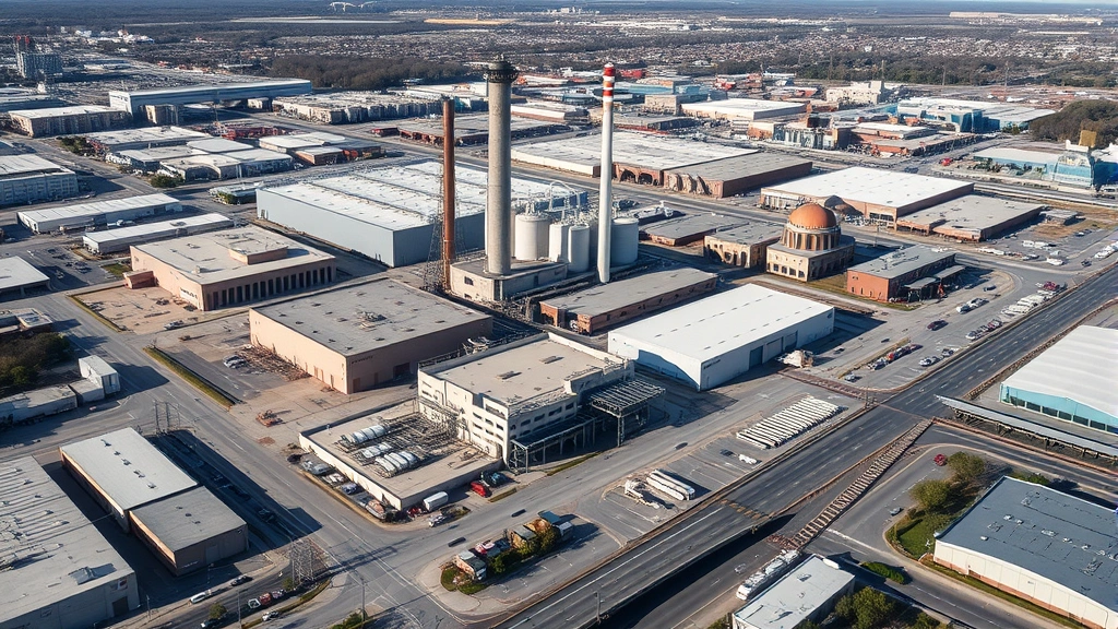 Aerial view of Savannah Georgia industrial district with brewery facility buildings, surrounding commercial infrastructure, logistics and transportation access, daytime clear conditions showing urban development and business landscape