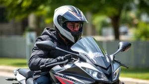 Professional motorcycle rider wearing sleek Shark helmet on modern sportbike, daytime outdoor setting, natural lighting highlighting helmet design and protective features, confident posture