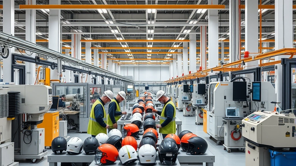 Modern manufacturing facility interior with advanced machinery, workers in protective gear assembling helmet components, precision equipment and quality control stations, industrial professional environment