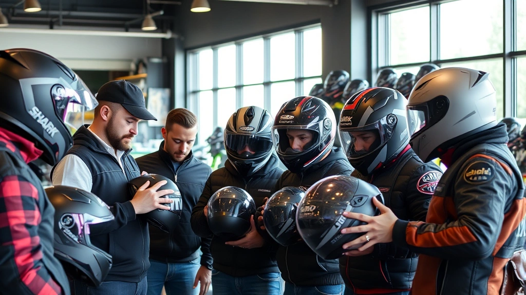 Diverse group of motorcycle enthusiasts of different ages examining Shark helmets in retail motorcycle shop, examining fit and design, natural daylight through storefront windows, professional retail environment