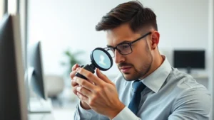 Professional businessman in modern office examining premium product with magnifying glass, natural lighting, focused analytical expression, clean minimalist workspace background, professional attire, high-resolution product detail visible