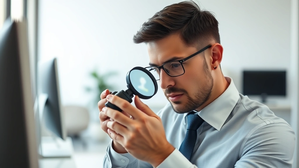 Professional businessman in modern office examining premium product with magnifying glass, natural lighting, focused analytical expression, clean minimalist workspace background, professional attire, high-resolution product detail visible
