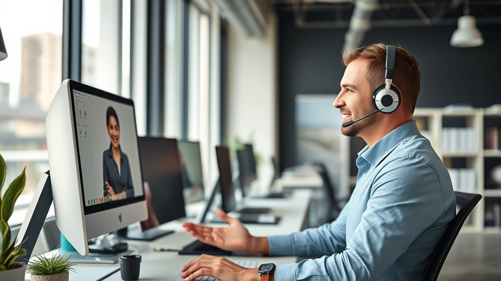 Customer service representative in contemporary office environment assisting client via video call, friendly professional demeanor, organized workspace with product samples, natural daylight, confident communication body language, modern business setting