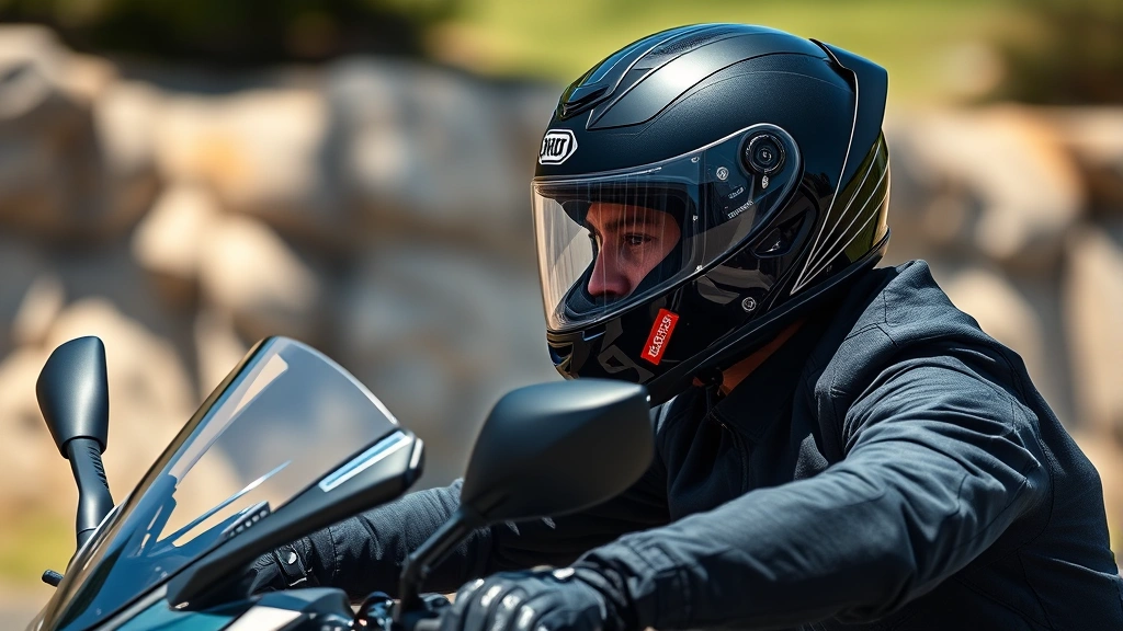 Professional motorcyclist wearing full-face Shoei helmet on modern sport bike, dynamic riding position, sunny day, high-quality photography, sharp focus on helmet design and materials
