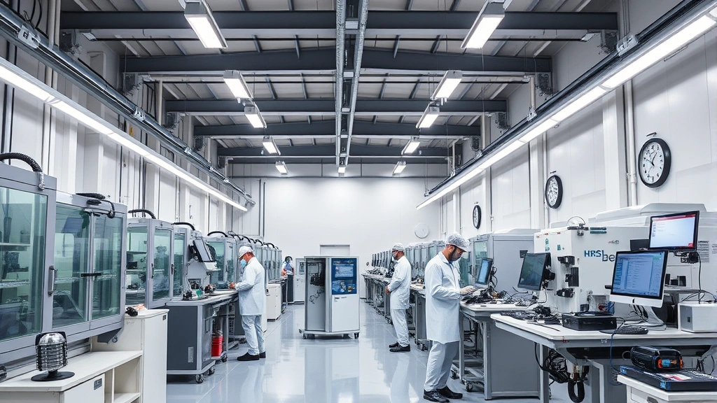 Modern helmet manufacturing facility interior, precision machinery and quality control testing stations, workers in clean room environment, advanced production equipment, professional industrial setting