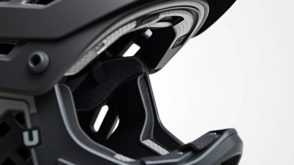 Close-up detail of premium helmet shell construction showing composite materials and inner padding system, professional product photography with neutral background, technical focus on safety components