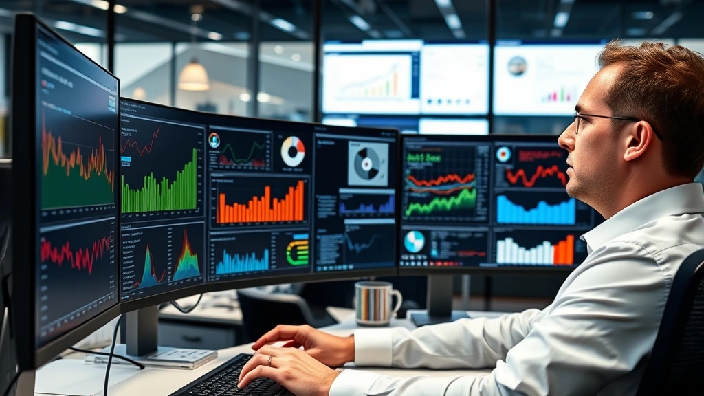 Professional business analyst reviewing data on multiple computer monitors in modern office, displaying colorful analytics dashboards and charts, focused expression analyzing market trends