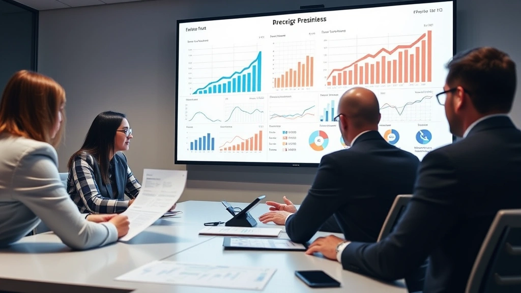 Executive team in conference room examining statistical reports and growth charts on large display screen, collaborative discussion of business metrics and performance indicators