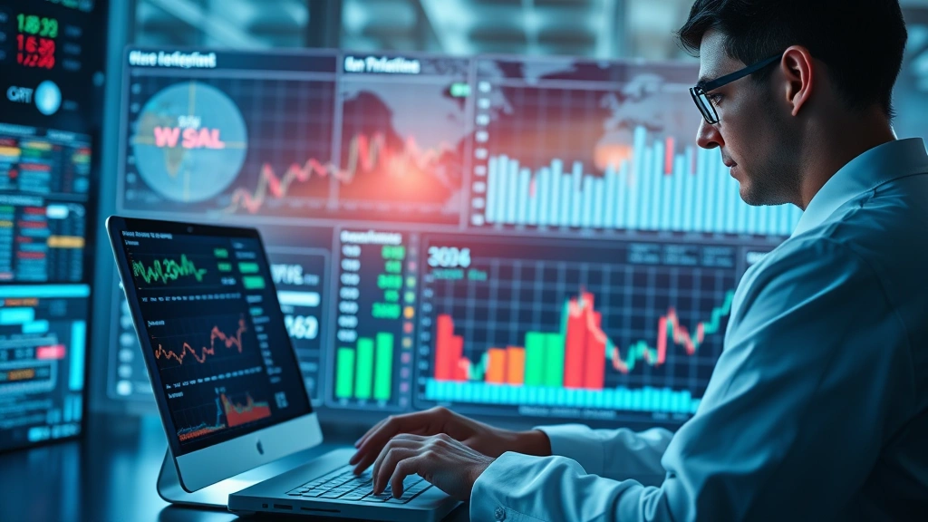 Data scientist working with advanced analytics platform showing real-time market signals and predictive models, professional corporate environment with network visualizations