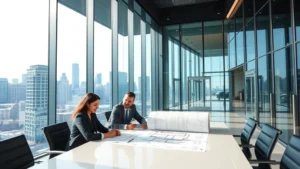 Modern corporate office building lobby with glass walls and professional business atmosphere, executives reviewing architectural blueprints at conference table with city skyline visible through windows