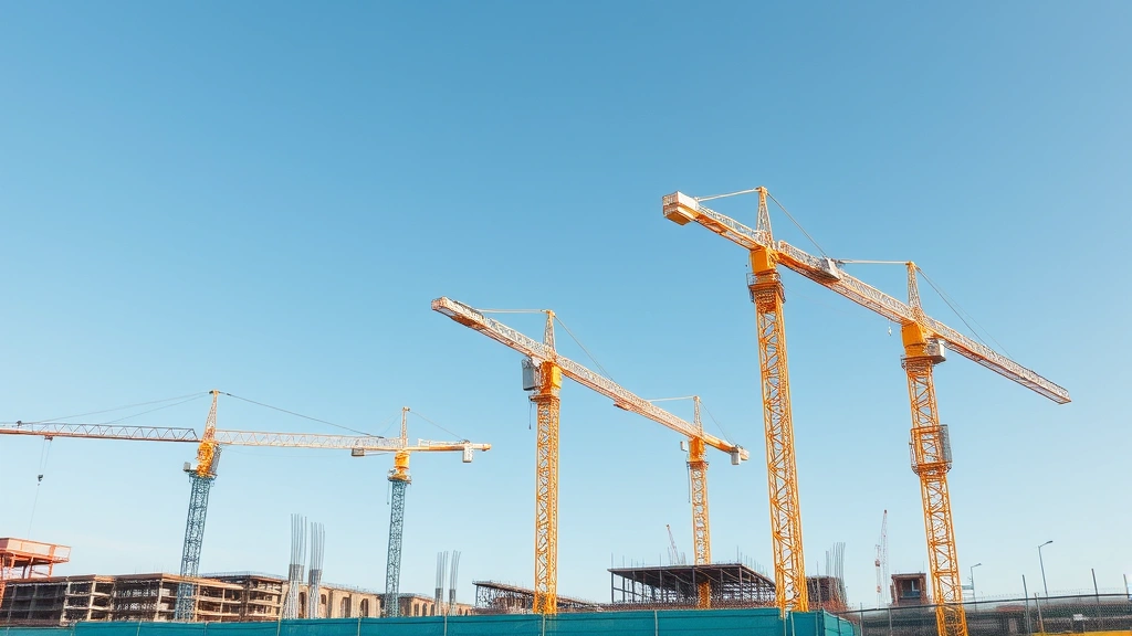 Construction site with multiple cranes and steel framework rising against blue sky, showing active real estate development project with safety barriers and professional workers in hard hats