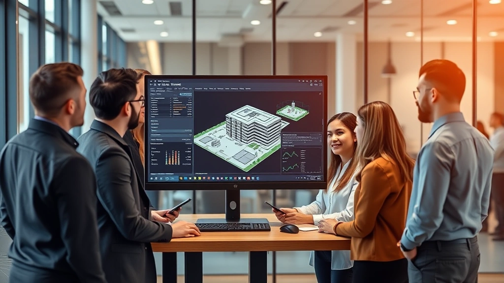 Diverse team of business professionals in modern office setting gathered around large computer monitor displaying 3D building model and project management dashboard with data analytics visible on screens