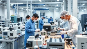 Professional manufacturing facility with quality control engineers inspecting medical device components at precision workstations, clean room environment, blue-collar and white-collar workers collaborating, modern industrial setting