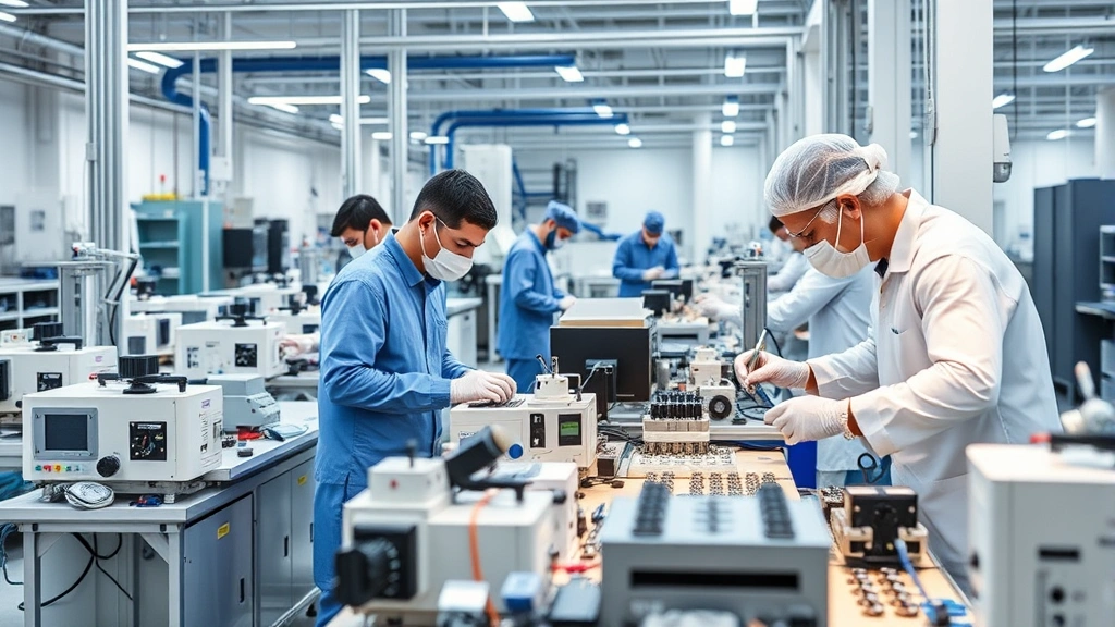 Professional manufacturing facility with quality control engineers inspecting medical device components at precision workstations, clean room environment, blue-collar and white-collar workers collaborating, modern industrial setting