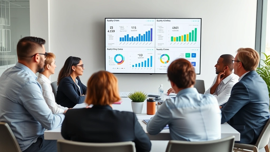 Corporate team meeting in modern conference room discussing supply chain strategy, diverse professionals reviewing digital dashboards and analytics on large screens, professional business attire, collaborative atmosphere