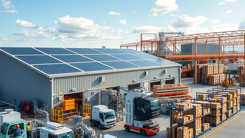 Sustainable manufacturing operation showing renewable energy panels on facility rooftop, advanced automated production equipment, employees in safety gear working efficiently, organized warehouse with inventory management systems visible