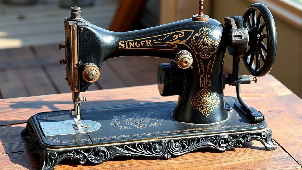 Vintage Singer sewing machine from 1890s with ornate cast-iron base and wooden treadle mechanism, sitting on a wooden table in natural light, showing intricate mechanical details and decorative patterns