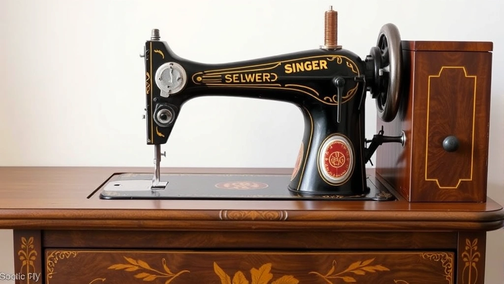 Antique Singer cabinet-style sewing machine from 1920s integrated into furniture piece with decorative veneers and drop-leaf design, displaying Art Deco aesthetic elements and period craftsmanship