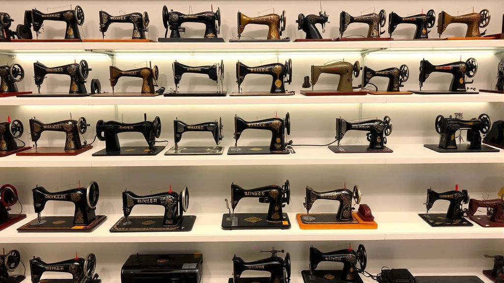 Collection of various antique Singer sewing machines from different eras arranged on display shelves, showing design evolution from Victorian ornate models to streamlined Art Deco machines, professional museum-style presentation