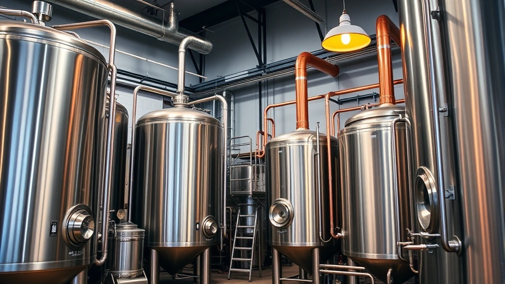 Professional craft brewery interior with stainless steel fermentation tanks, copper brewing equipment, and industrial-modern aesthetics. Warm lighting highlighting quality production environment. No text or signage visible.