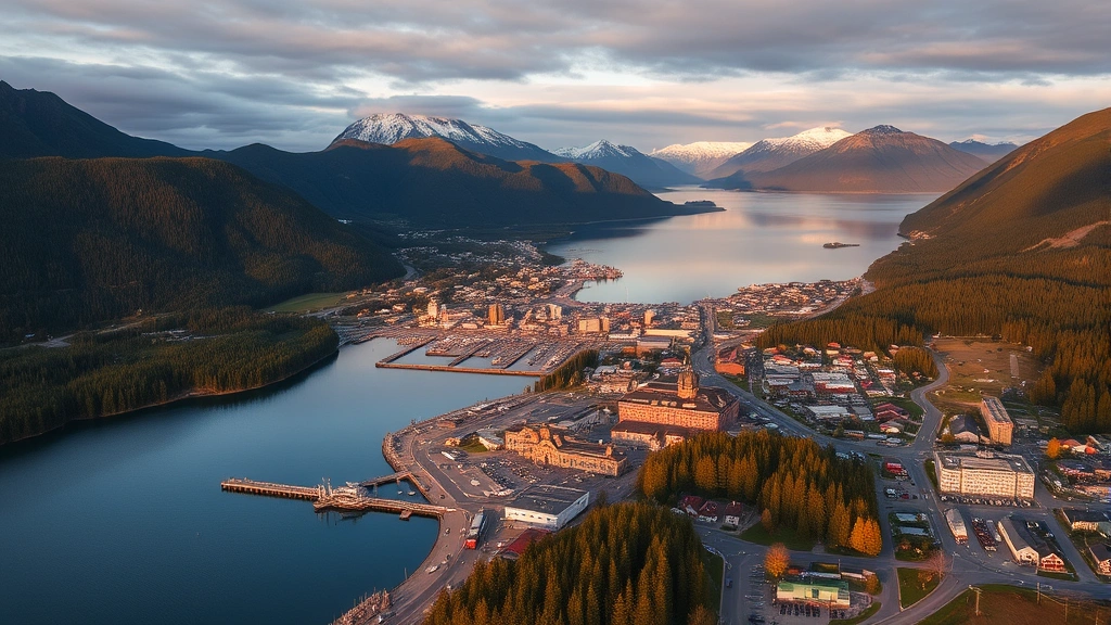 Aerial view of Skagway coastal town landscape with mountains, forests, and waterfront. Brewery building visible as part of small community infrastructure. Golden hour lighting emphasizing remote scenic location.