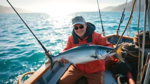 Professional fisherman in traditional Alaskan fishing boat on pristine blue-green water, holding fresh wild salmon, morning sunlight, genuine working atmosphere, no text or signage visible