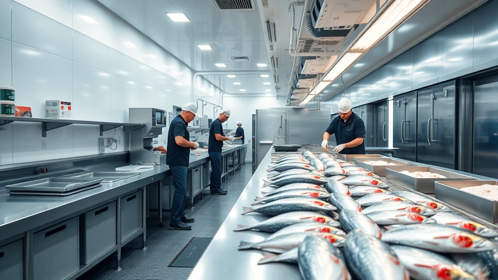 Modern seafood processing facility interior showing stainless steel work surfaces, temperature-controlled environment, workers in professional attire handling fresh fish, clean industrial aesthetic, bright professional lighting