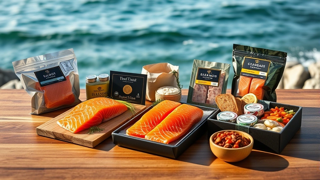 Premium packaged seafood products displayed on elegant wooden surface with coastal background, fresh salmon fillets and specialty items arranged artfully, natural lighting, luxury food retail presentation style