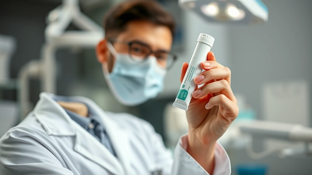 Professional wellness expert examining natural toothpaste product in modern clinical laboratory setting, holding tube up to light, sterile white coat, professional environment with blurred dental equipment background
