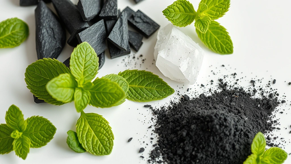 Close-up of natural botanical ingredients - fresh mint leaves, charcoal powder, and mineral crystals arranged on white surface with soft natural lighting, professional product photography style