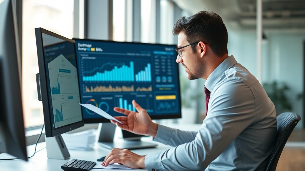 Professional businessman in modern office reviewing energy utility bills on computer monitor with charts and graphs visible on screen, natural window lighting, corporate workspace setting
