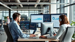 Professional business team collaborating around modern desktop computers in bright corporate office, reviewing data dashboards and analytics on multiple monitors, contemporary workspace with natural lighting