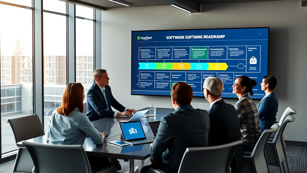 Executive leadership team in modern boardroom reviewing strategic software implementation roadmap on large digital screen, professional business setting with contemporary furniture and technology integration