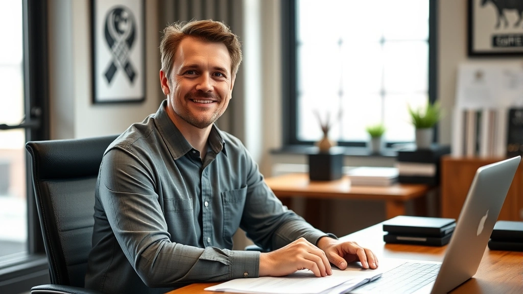 Professional male CEO in modern office setting wearing Southern Shirt Company branded apparel, sitting at wooden desk with laptop and documents, natural window lighting, confident expression, business casual attire