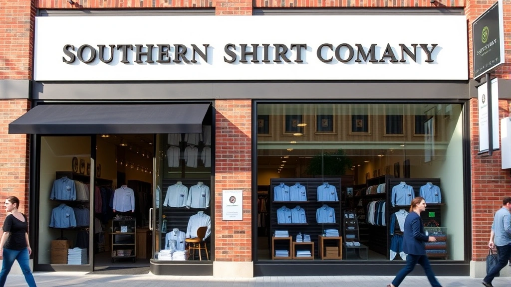 Modern retail storefront of Southern Shirt Company with large windows displaying neatly folded shirts and merchandise, brick exterior, professional signage, pedestrians walking by, daytime natural lighting, inviting entrance
