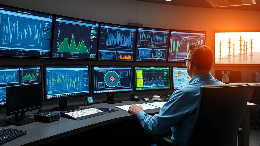 Control room operator monitoring real-time grid performance on multiple digital display screens, advanced SCADA system dashboard showing system metrics, modern utility operations center with sophisticated technology