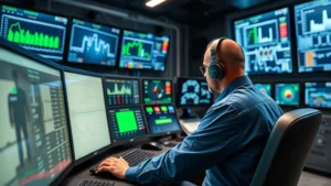 Professional technician monitoring advanced control systems in modern oilfield operations center, multiple digital displays showing real-time production data, industrial control room environment, focused concentration on operational metrics