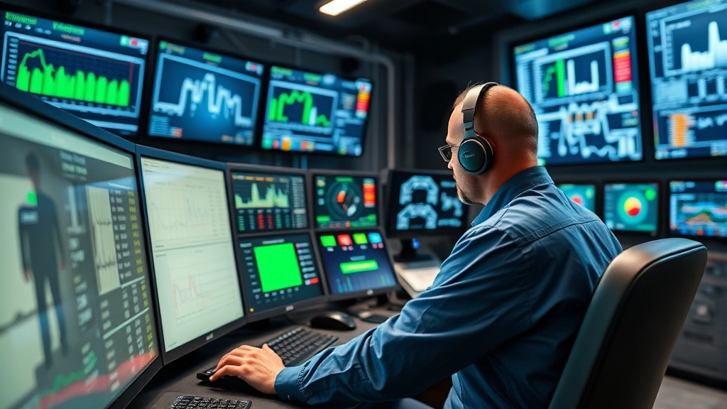 Professional technician monitoring advanced control systems in modern oilfield operations center, multiple digital displays showing real-time production data, industrial control room environment, focused concentration on operational metrics