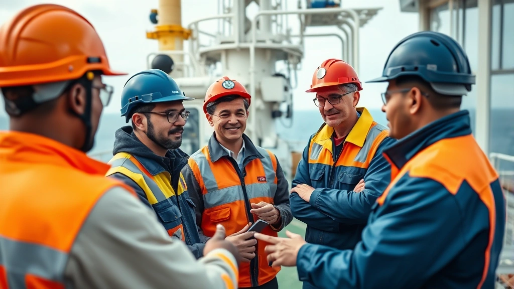Diverse team of engineers and technicians collaborating on offshore platform, conducting safety briefing with modern equipment visible in background, professional workwear, inclusive workplace culture demonstration