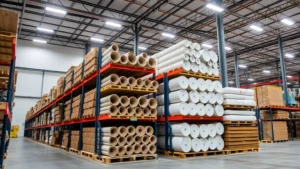 Professional warehouse interior with organized linoleum and cork flooring rolls stacked on industrial shelving systems, modern manufacturing facility lighting, clean and organized workspace, business operations environment
