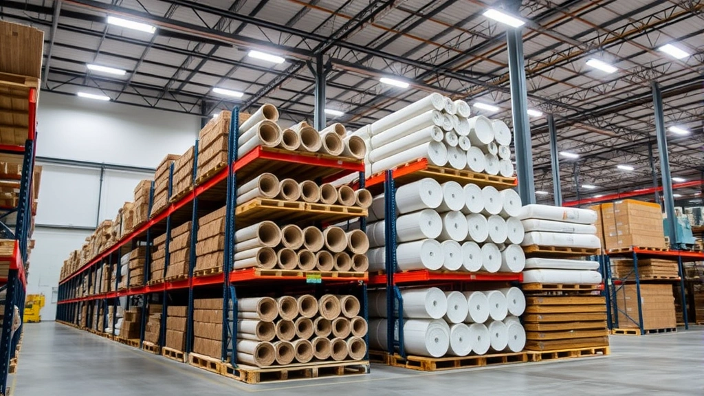Professional warehouse interior with organized linoleum and cork flooring rolls stacked on industrial shelving systems, modern manufacturing facility lighting, clean and organized workspace, business operations environment