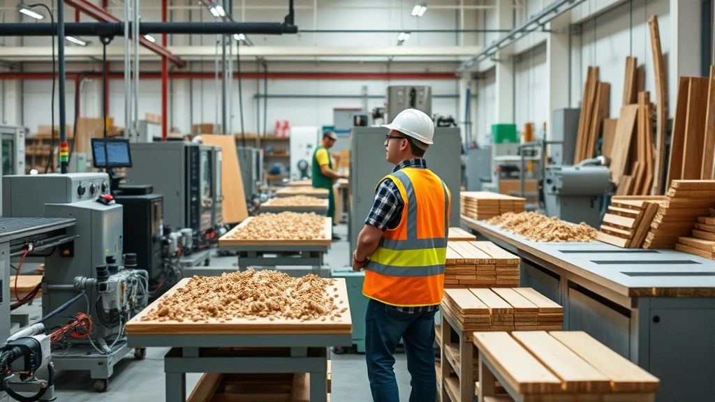 Sustainable manufacturing facility with eco-friendly production equipment, workers in safety gear operating modern machinery, natural materials like cork and wood visible, industrial workspace demonstrating responsible manufacturing practices