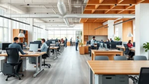 Modern open-plan office workspace with ergonomic standing desks, collaborative seating areas, natural wood finishes, and employees working in diverse positions. Bright natural light, contemporary design, professional atmosphere.
